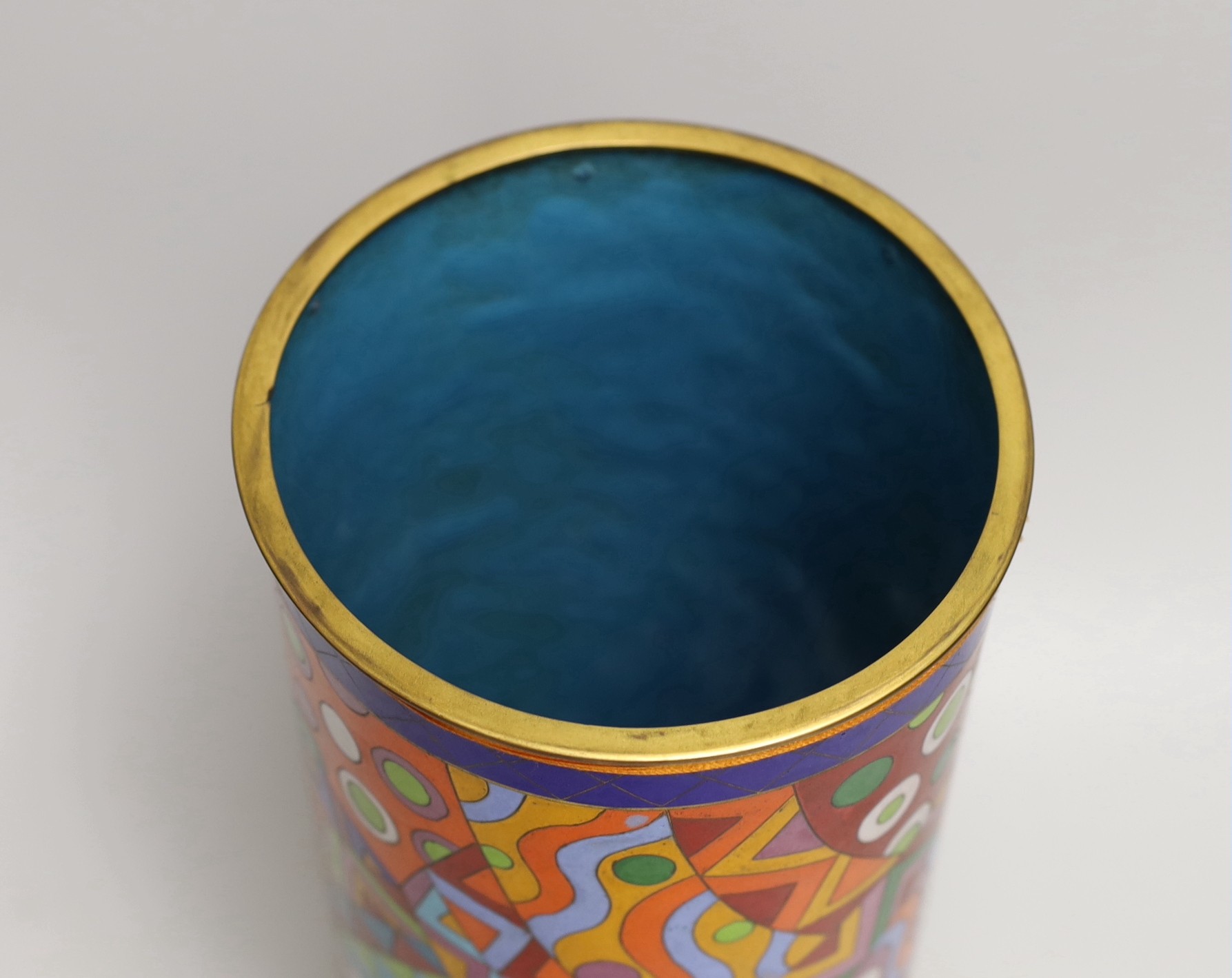 An unusual Art Deco style cloisonné enamel sleeve vase, with signature to base, 34.5cms high